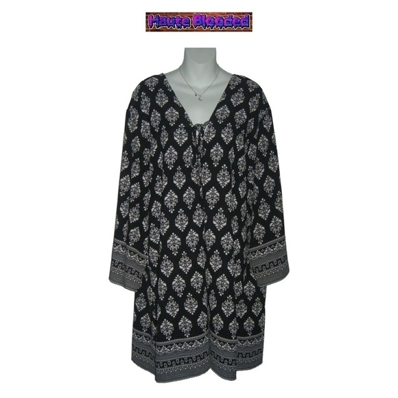 Pacific Beach Bohemian Shirt Dress Black & White Boho Print Tie Neck Plus Sz 3X - Picture 1 of 13
